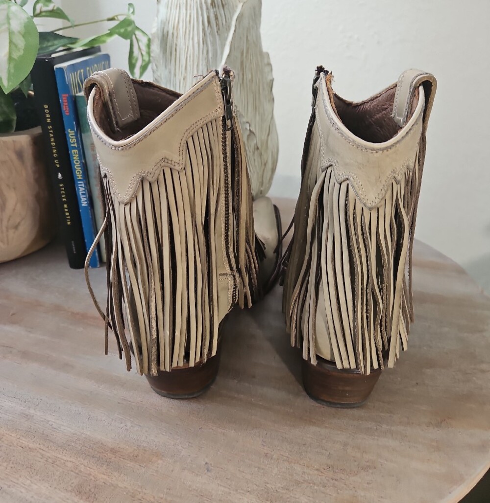 Circle G Tan Leather Fringe Ankle Boots - Picture 3 of 6
